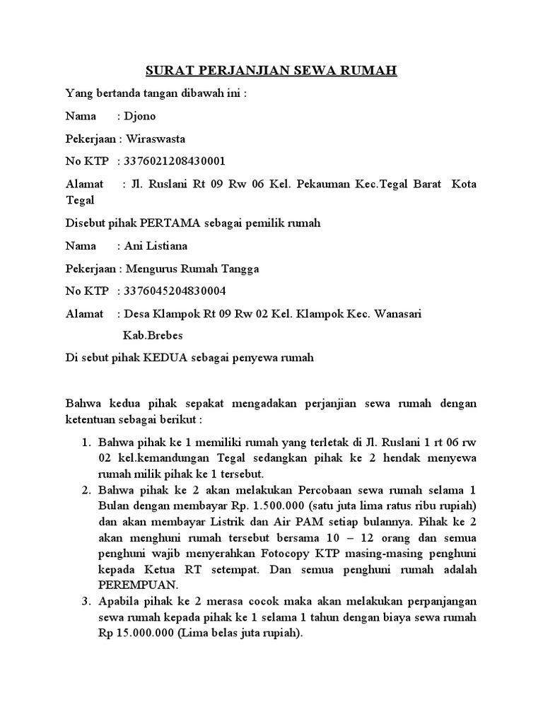 Surat Perjanjian Sewa Rumah | PDF