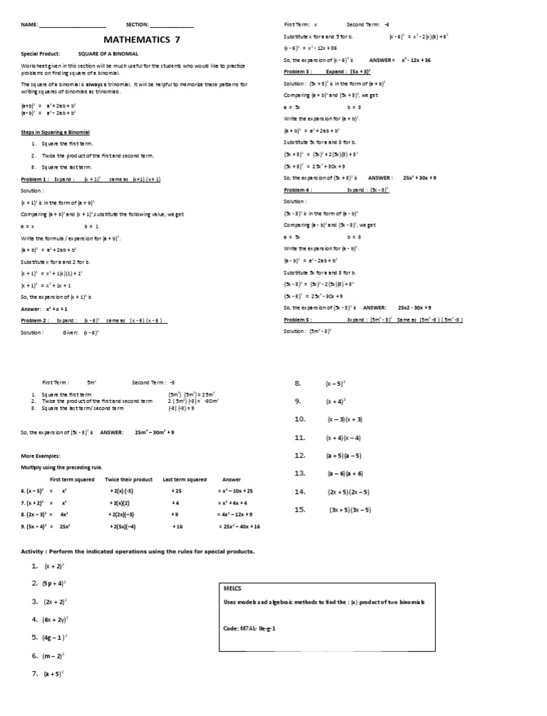 Square of A Binomial Worksheet | PDF | Mathematics | Mathematical Analysis