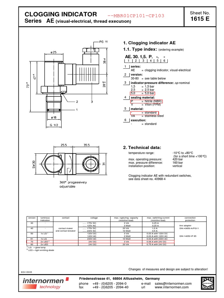Clogging Indicator AE Series Specifications | PDF | Switch | Electrical ...