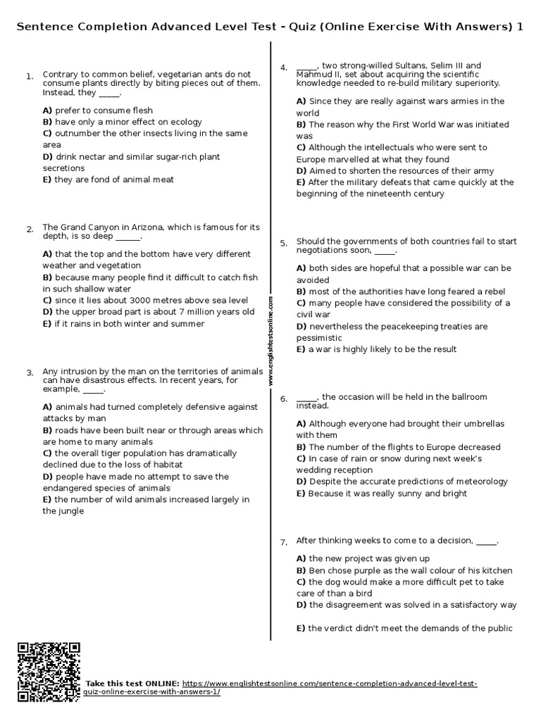 Sentence Completion Practice Quiz | PDF