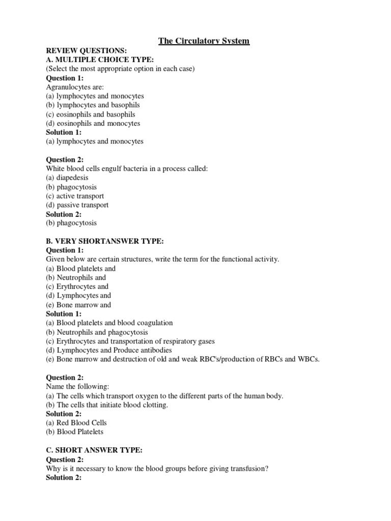 The Circulatory System Review Questions A. Multiple Choice Type PDF