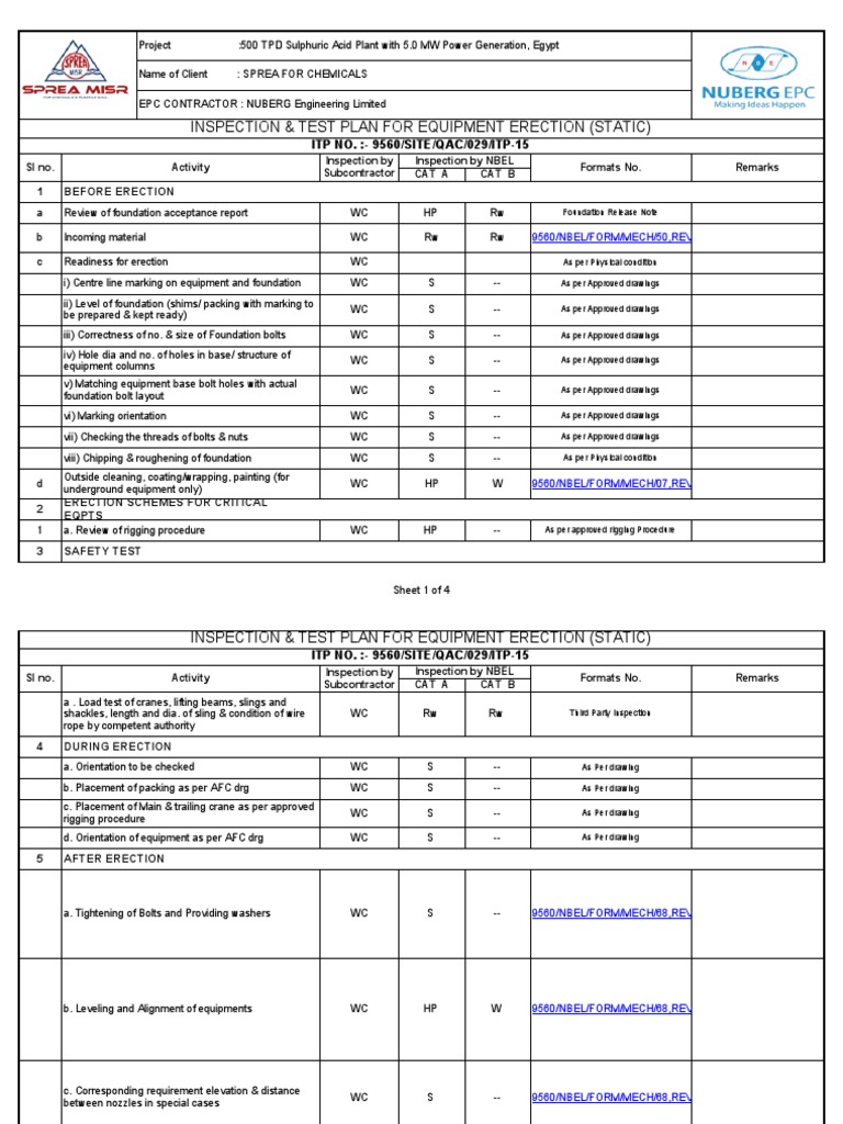 Inspection &amp; Test Plan For Equipment Erection (Static) : ITP NO.:-9560/SITE/QAC/029/ITP-15 | PDF