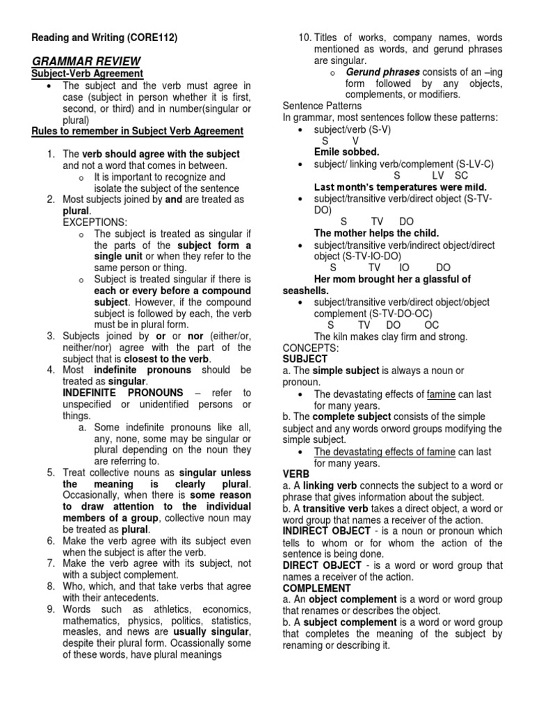 Reading and Writing Reviewer PDF Pronoun Subject (Grammar)
