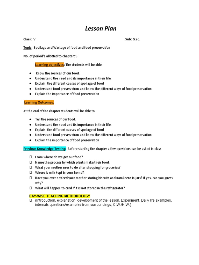 Lesson Plan On Spoilage of food-AA-a | PDF | Food Preservation | Foods