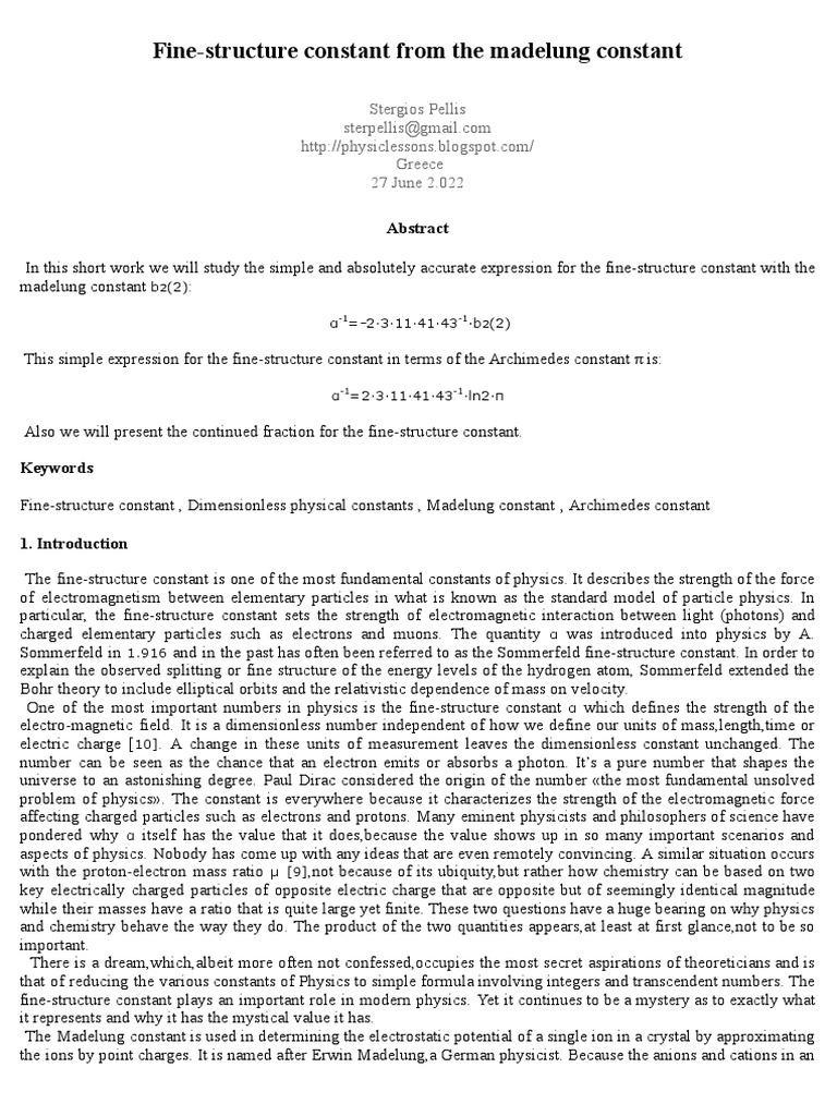 Fine-Structure Constant From The Madelung Constant | PDF | Ion | Electron