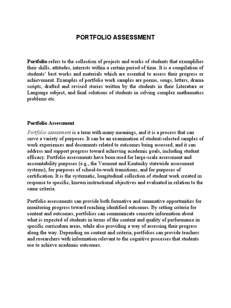 Portfolio Assessment Portfolio Refers To The Collection of Projects