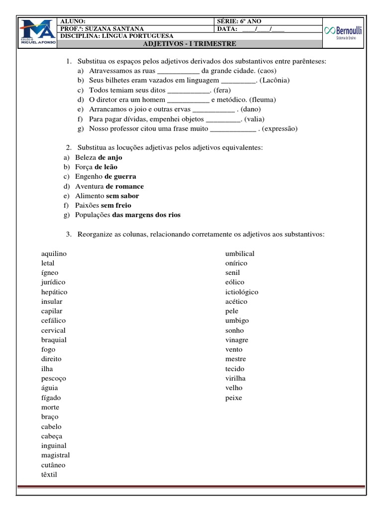 Atividades de Adjetivos - 6º Ano | PDF