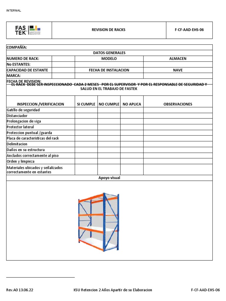 Revision Racks Almacen Bemi F-CF-AAD-EHS-06 | PDF | Hogar, jardinería y ...