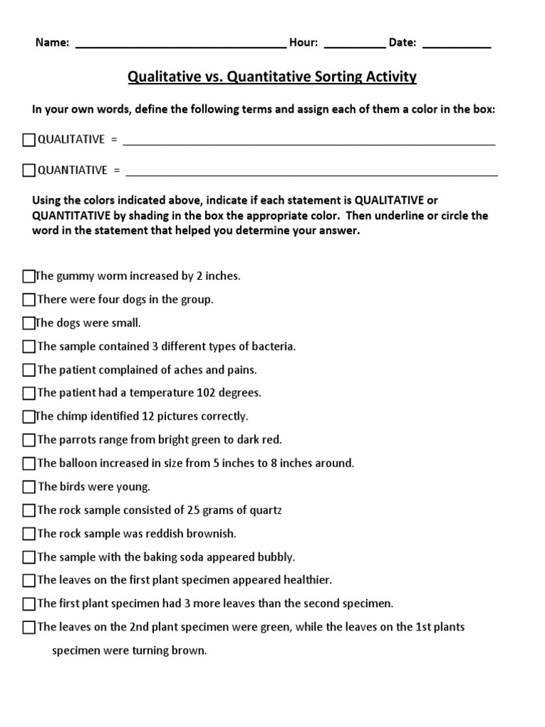 Qualitative Vs Quantitative Sorting Activity PDF