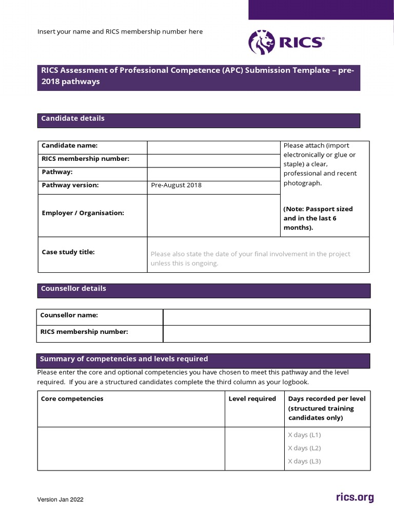 RICS Assessment of Professional Competence (APC) Submission Template