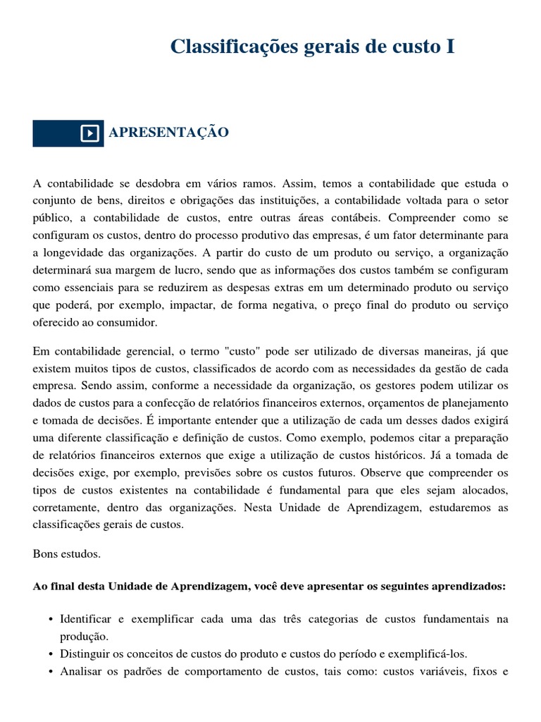 Classificações Gerais de Custos: Uma Introdução aos Tipos Fundamentais ...