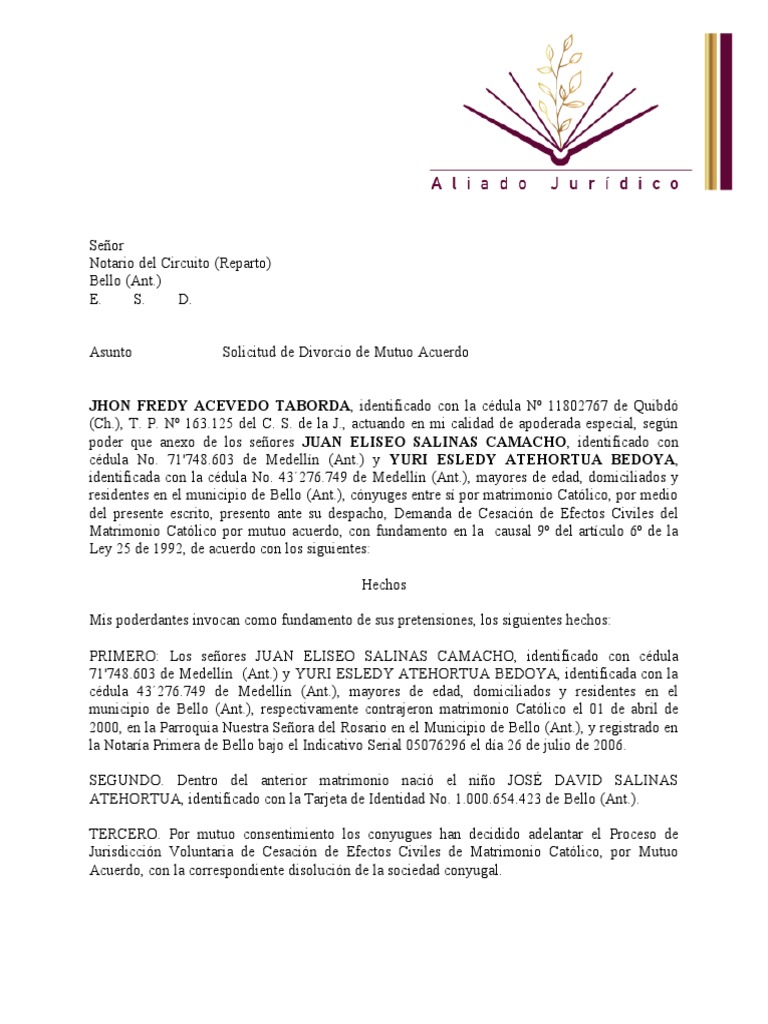 Solicitud de Divorcio Mutuo en Bello | PDF | Divorcio | Propiedad de la ...
