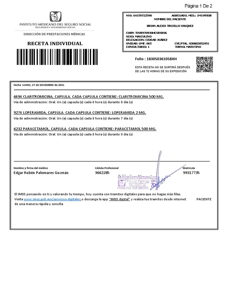 Receta médica para Brian Alexis Trujillo Vasquez con tratamiento para