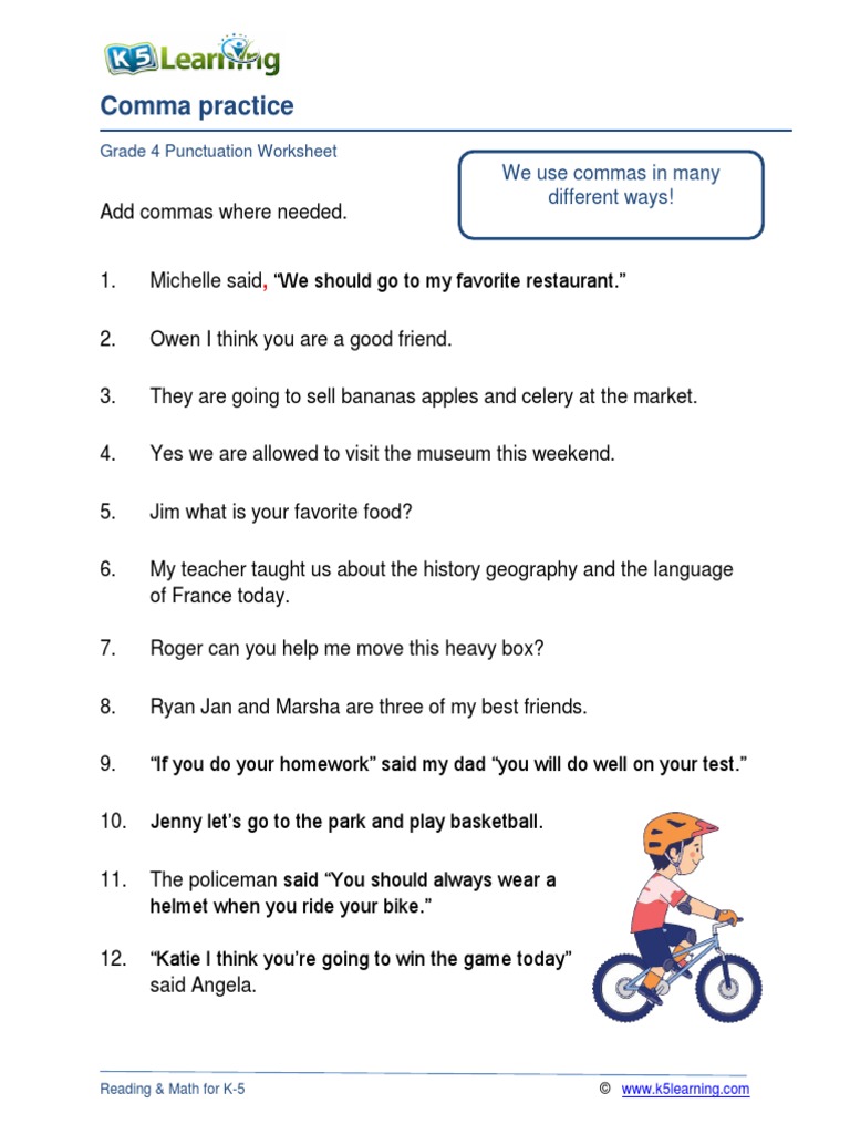 Comma Practice: Grade 4 Punctuation Worksheet | PDF