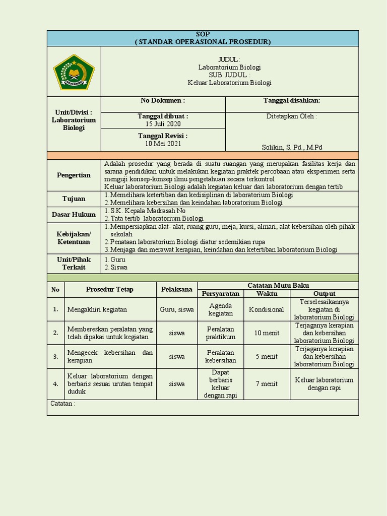 SOP Keluar Laboratorium Biologi | PDF