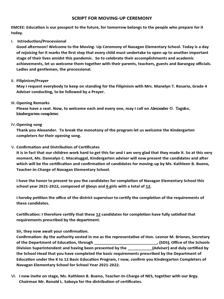 Script For Moving-Up Ceremony: I. Introduction/Processional | PDF ...