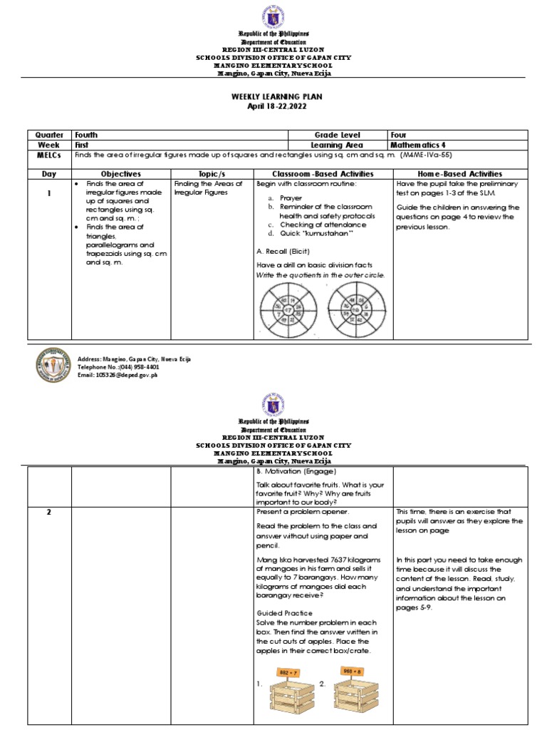 Weekly Learning Plan for Grade 4 Math | PDF | Area | Learning