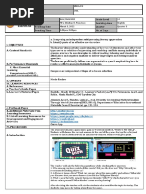 Lesson Exemplar for Grade 10 - movie review