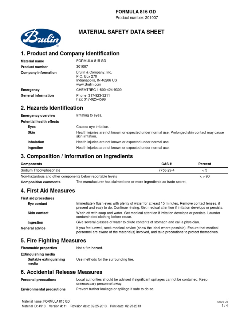 MSDS for Formula 815 GD | PDF | Hazardous Waste | Resource Conservation ...