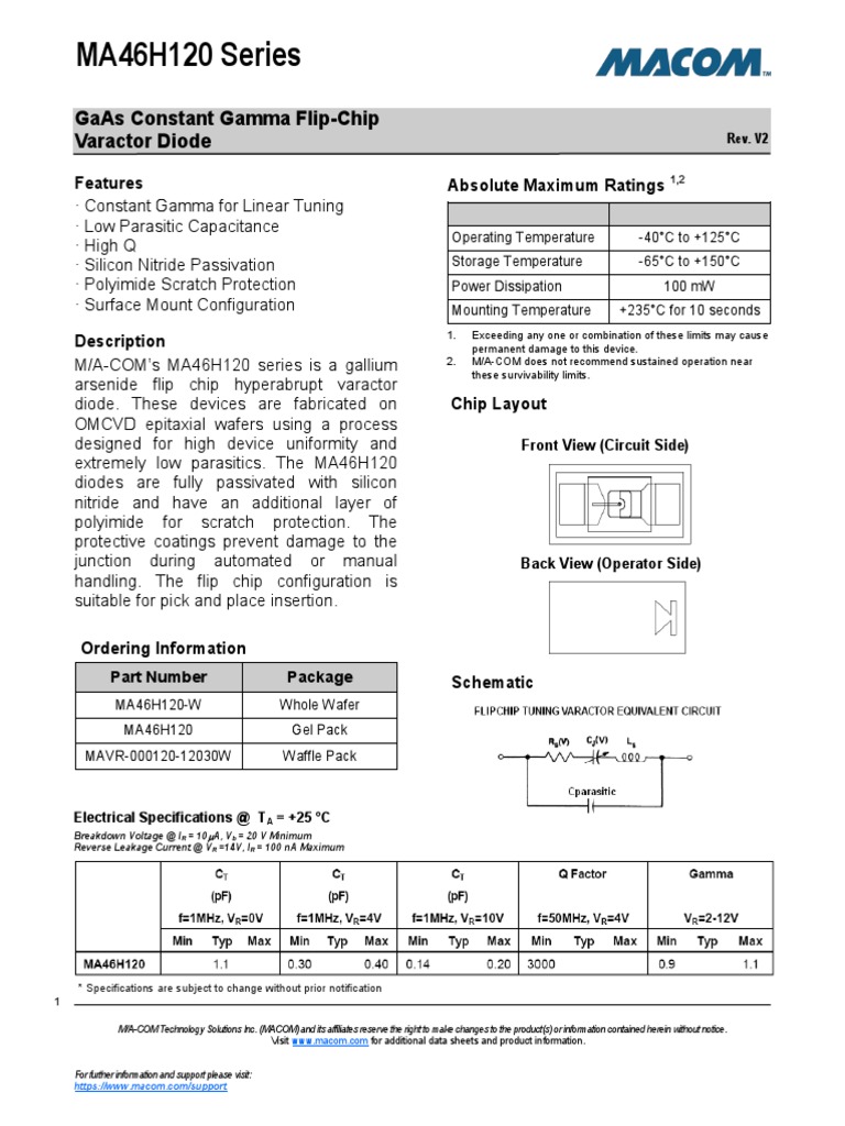 Ma46H120 Series Gaas Constant Gamma FlipChip Varactor Diode PDF