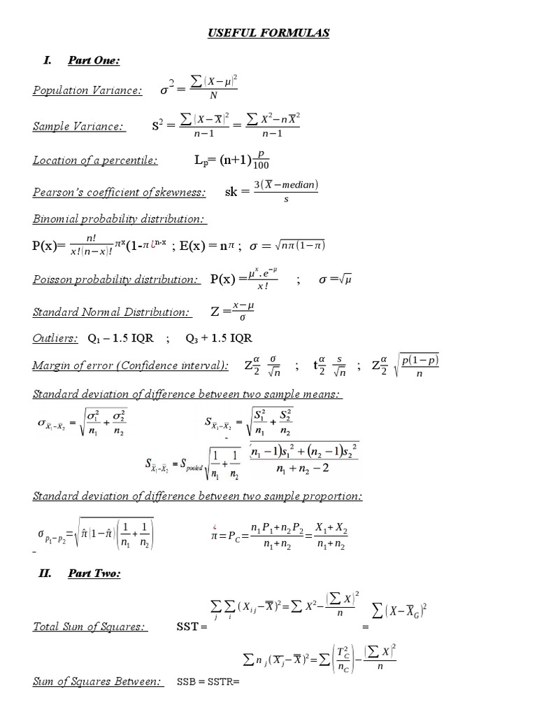 Formula Sheet Final PDF Errors And Residuals Standard Deviation