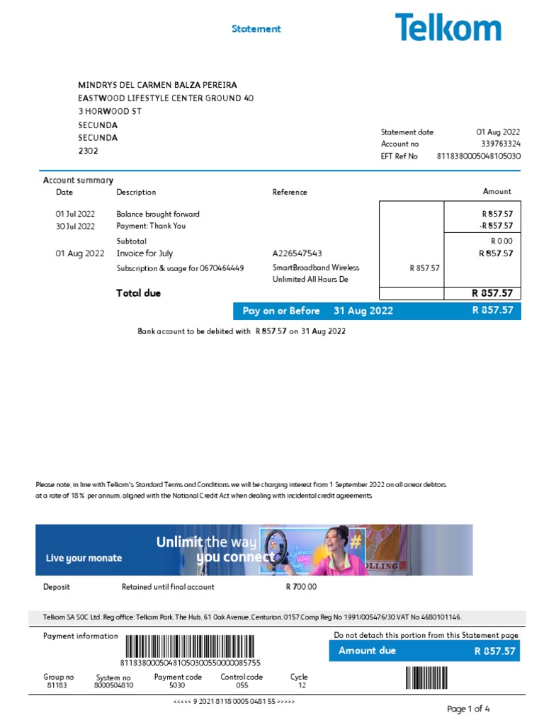 Telkom Invoice for SmartBroadband Services | PDF | Value Added Tax ...