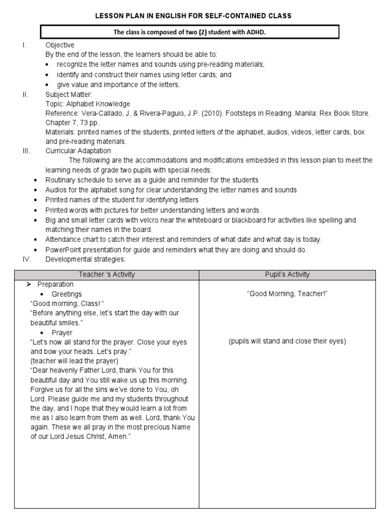 Lesson Plan For Adhd Students Pdf