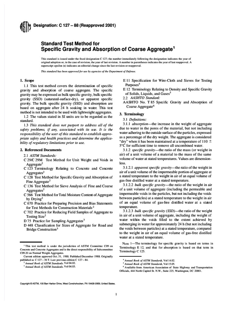 Astm C127-88 (2001) | PDF | Density | Weight