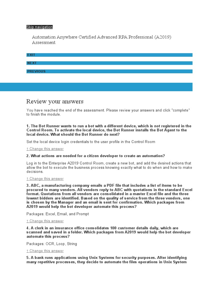 Review Your Answers: Automation Anywhere Certified Advanced RPA ...