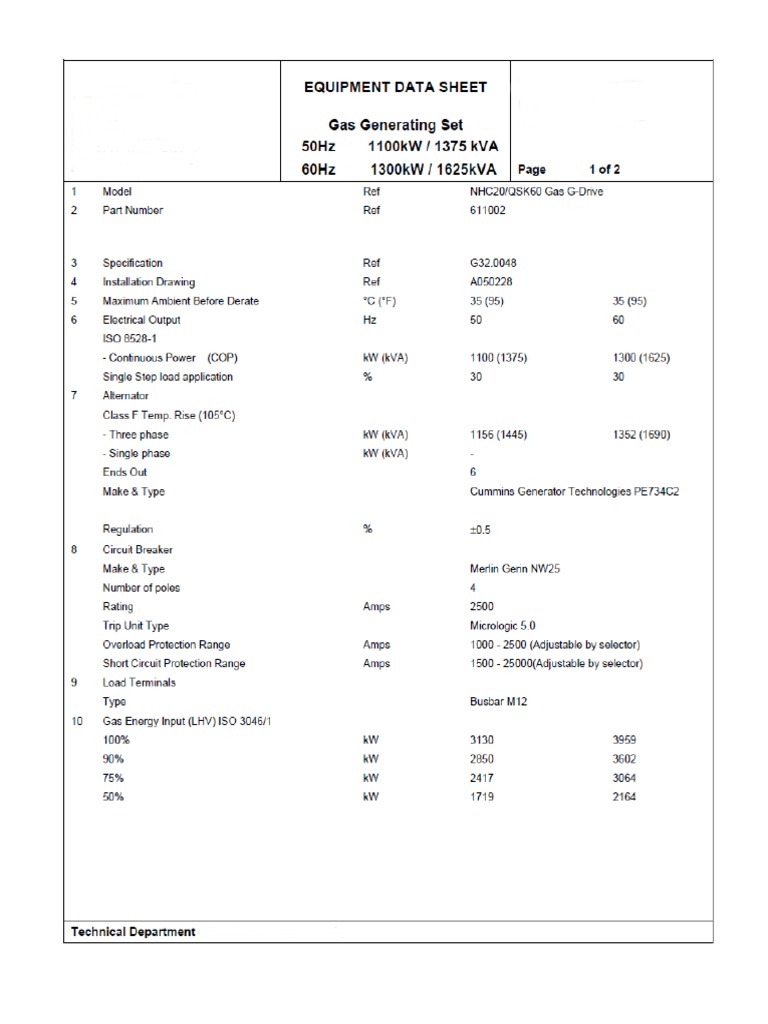 CumminsQSK60GasGeneratorTechnicalDataSheet PDF