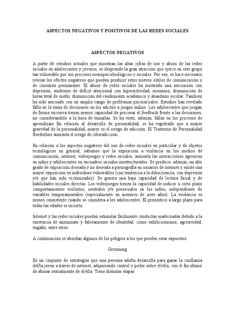Aspectos Negativos y Positivos de Las Redes Sociales | PDF | Internet ...