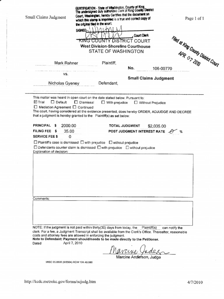 Small Claims Judgment Document | PDF