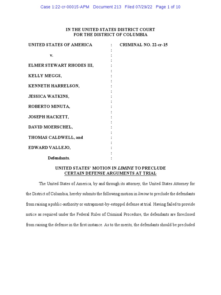 US Motion to Preclude Certain Defense Arguments at Trial PDF Entrapment Justice