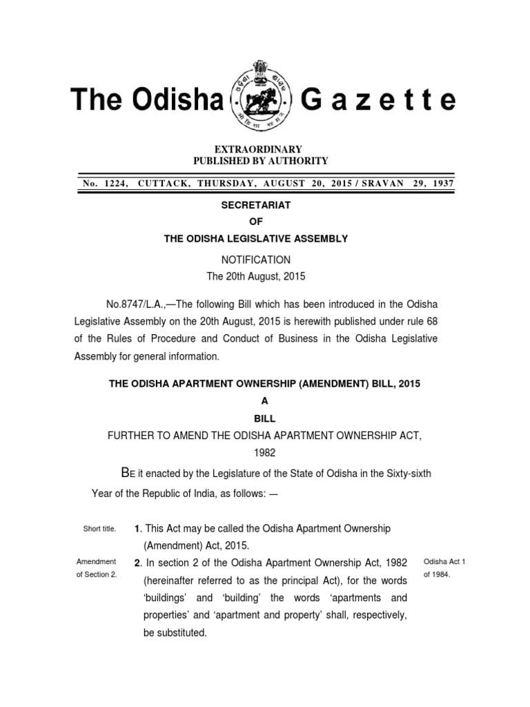 Odisha Apartment Ownership Amendment 2015 | PDF | Deed | Property
