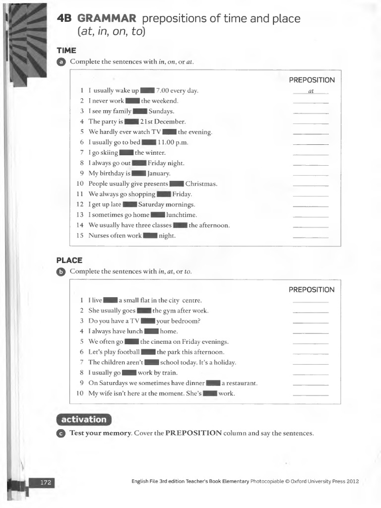Prepositions of Time and Place Grammar Review | PDF