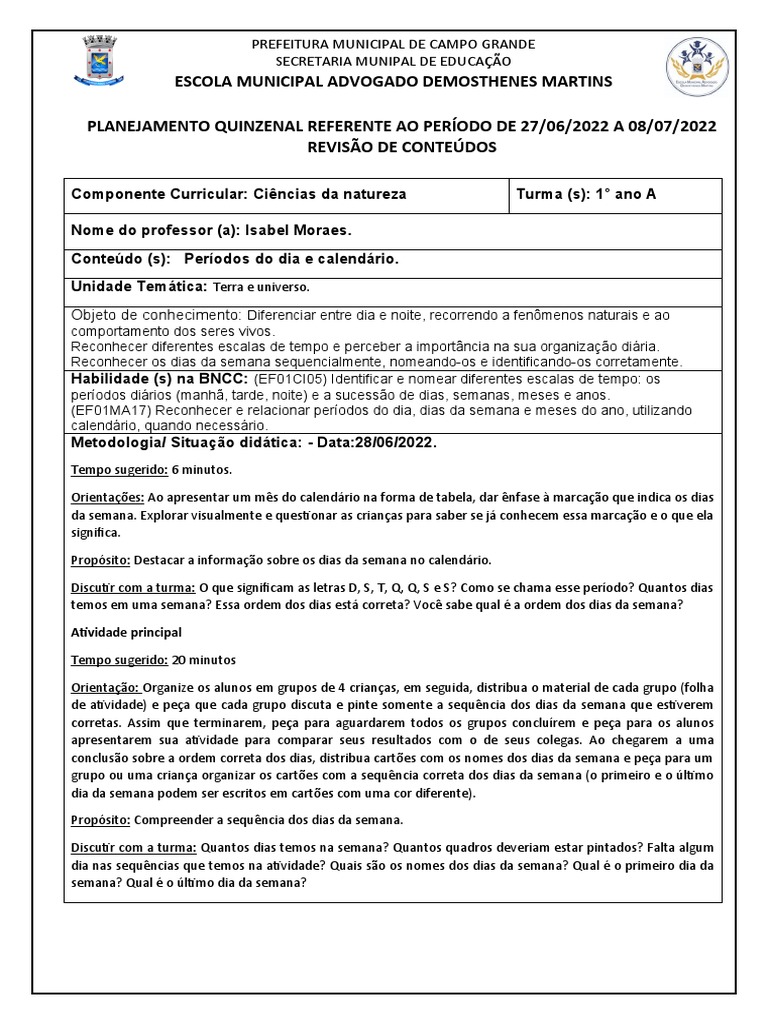 Plano de aula - 1o ano - Calendário: o dia, o mês e o ano