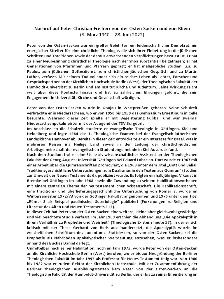 Nachruf auf peter christian freiherr von der osten sacken und von rhein