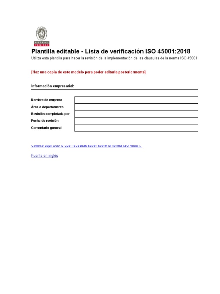 Lista de Verificación ISO 45001 Editable | PDF | Planificación | Business