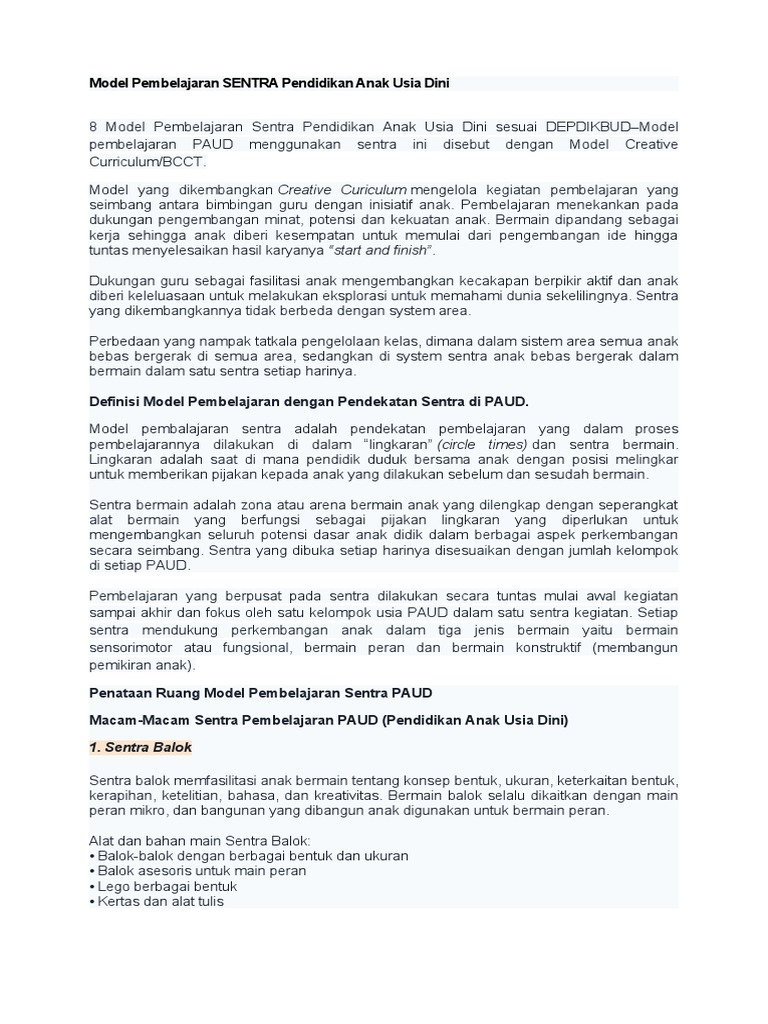 Model Pembelajaran SENTRA Pendidikan Anak Usia Dini | PDF | Sains