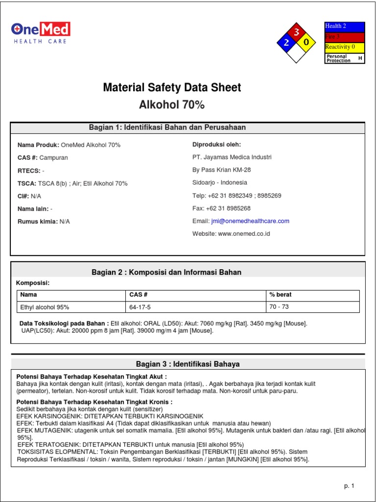 MSDS Alkohol 70% OneMed | PDF | Sains & Matematika