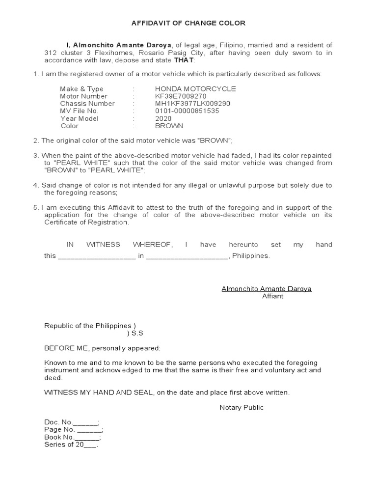 LTO affidavit of change color  PDF