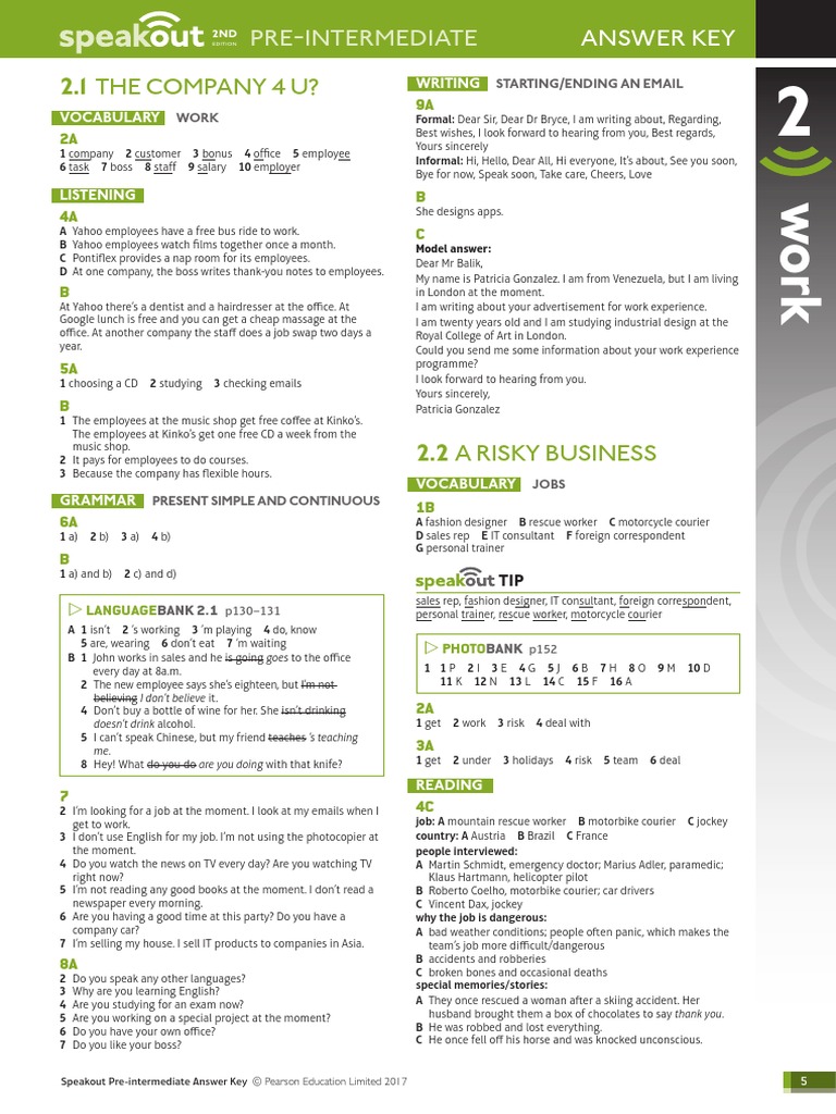 Speak Out-Preintermediate Answer Key - Unit 2 | PDF