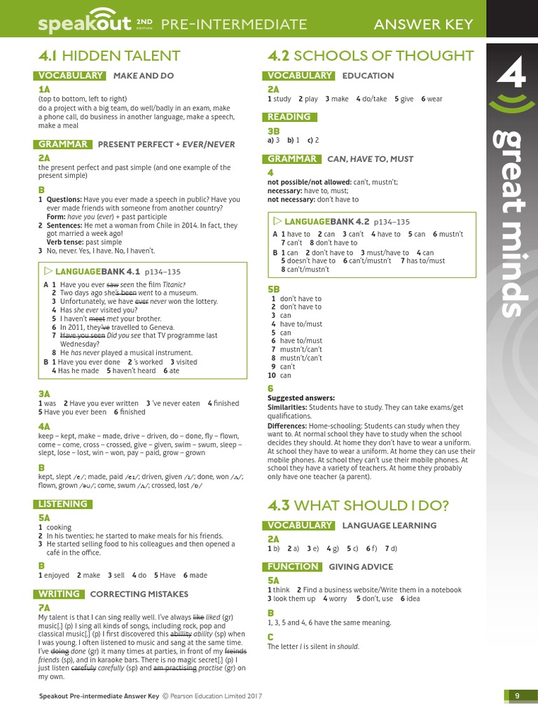 Speak Out-Preintermediate Answer Key - Unit 4 (Part1) | PDF | Cognition ...
