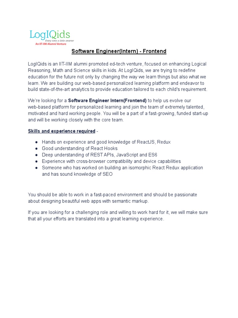 Frontend Software Engineer Intern Role | PDF