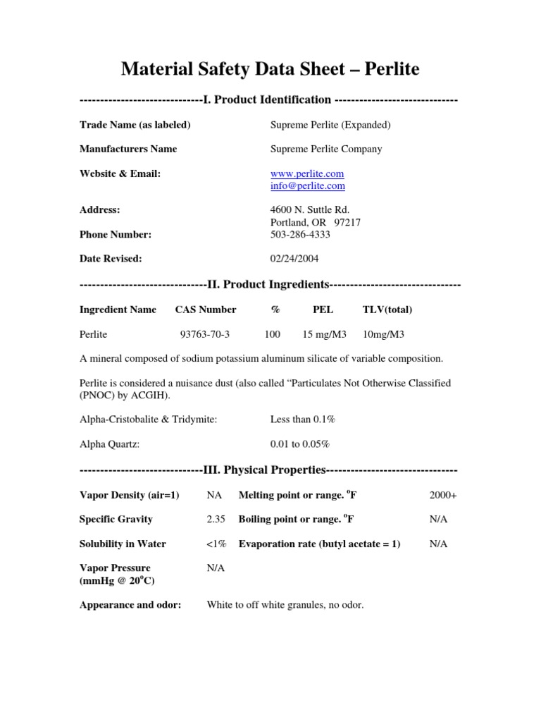 Material Safety Data Sheet - Perlite | PDF | Housekeeping | Dust
