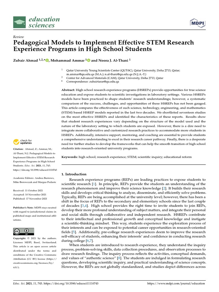 Pedagogical Models To Implement Effective STEM Research Experience ...