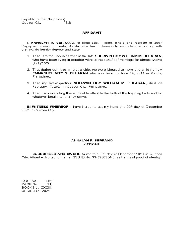 Affidavit of Common Law Wife Live in Partner PDF