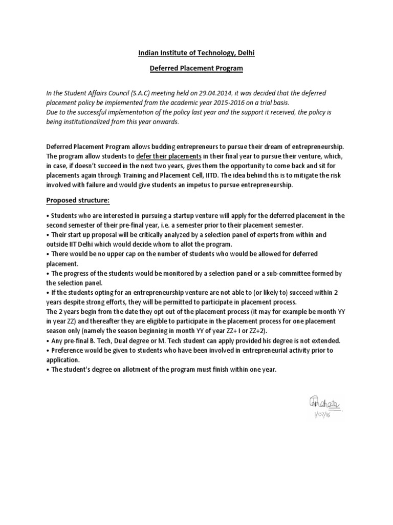 Indian institute of technology delhi deferred placement program pdf