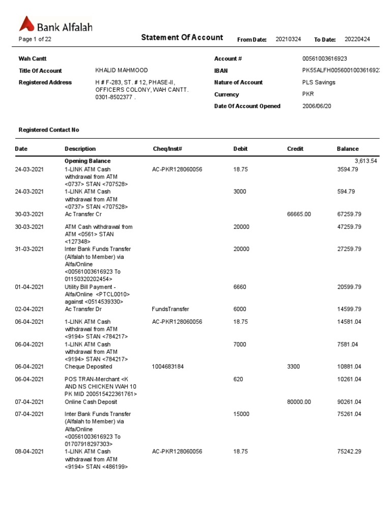 Statement of Account From Date To Date Account Iban Nature of Account Currency Date of