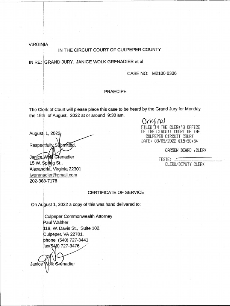 Grand Jury Aug 15 2022 Culpeper Virginia Praecipe Memo of Law PDF